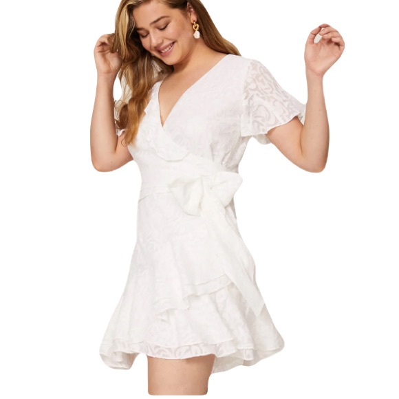 Tanya Taylor Size 8 White Textured Wrap Mini Dress Short Sleeve Ruffle Hem